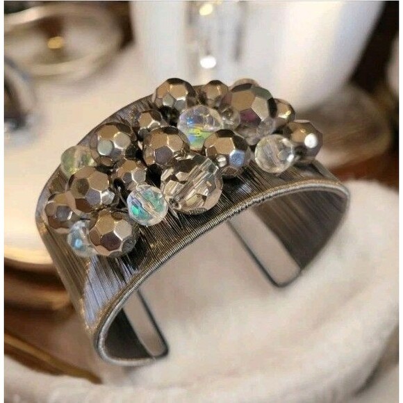 Edgy & Elegant Cookie Lee Cuff Bracelet Wide Gunmetal Wire Mesh Crystal Beaded - Picture 1 of 7